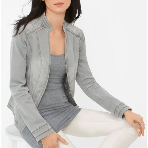 White House Black Market quilted denim jacket military moto cut sz 2 - Picture 10 of 11